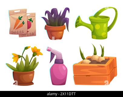 Gartenbau und Gewächshauswerkzeuge und -Versorgung. Zeichentrickvektor Illustration Set von Landwirtschaftsausrüstung und Material - Pack mit Karottensamen, Pflanzen und Blüte im Topf, Blumenzwiebeln in Box, Gießkanne. Stock Vektor