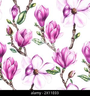 Aquarellmuster mit Magnolienblüten auf weißem Hintergrund. Botanisches Muster mit handgezeichneten Blumen für die Gestaltung von Stoffen, Textilien, Tapeten, Stockfoto
