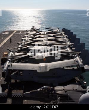 MV-22 Ospreys von der Marine Medium Tilt Rotor Squadron 162 (verstärkt), 24. Marine Expeditionary Unit, bleiben leise auf dem Flugdeck der USS Nassau am 19. Januar 2010 für ihren bevorstehenden Einsatz voll verstaut. Stockfoto