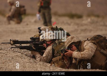 Marines mit Kompanie C, 1. Bataillon, 2. Marine-Regiment, liefern unterdrückendes Feuer für ihre Marinekollegen, um in Richtung Combat Center Range 210, 20. Januar 2010, als Teil des Enhanced Mojave Viper-Vorbereitungstrainings des Bataillons zu eilen. Stockfoto