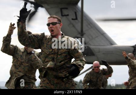 Marines der Lima Kompanie, Bataillon Landing Team, 3. Bataillon, 2. Marine Regiment, 22. Marine Expeditionary Unit, signalisieren sich gegenseitig, von einem CH-53E Super Hengst mit der Marine Heavy Helicopter Squadron 461 (verstärkt), 22. MEU, zu verschwinden, während sie sich auf den Start von einer Landezone in Leogane, Haiti, vorbereitet. Januar 2010. Stockfoto