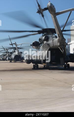 CH-53E 'Super Hallion' Hubschrauber warten auf den Start, 12. Februar 2010 von der Marine Corps Air Station Miramar, um in der 'Parade of Flight' zur Hundertjahrfeier der Marineflugzeuge zu fliegen. Stockfoto