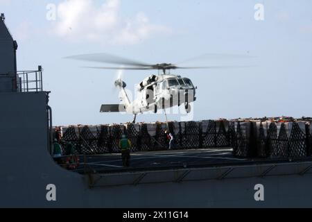 Ein Besatzungsmitglied der USNS Sacagawea hakt Paletten mit Mahlzeiten an einen Navy MH-60S Night Hawk vom Helicopter Sea Combat Squadron 22, um sie während einer Nachlieferung am 23. Januar 2010 zur USS Bataan zu bringen. Von den 534 Paletten mit Hilfsgütern, die an Bord gebracht werden, werden 434 als Hilfe für die Bevölkerung Haitis verwendet. Stockfoto