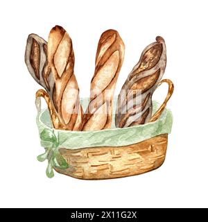 Strohkorb mit Baguettes Aquarellabbildung isoliert auf weißem Hintergrund. Roggenbrot, handgezeichnet. Brot für Beschilderung. Element f Stockfoto