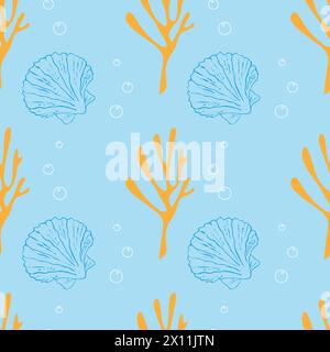 Meeresmuster mit orangen Korallen und Luftblasen, blaue Muscheln auf pastellblauem Hintergrund. Vektorabbildung Stock Vektor