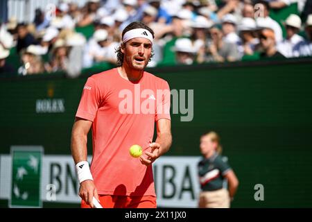 Monaco, Monaco. April 2024. Stefanos Tsitsipas während des Rolex Monte-Carlo ATP Masters 1000 Tennis am 13. April 2024 im Monte Carlo Country Club in Roquebrune Cap Martin, Frankreich bei Monaco. Foto: Victor Joly/ABACAPRESS.COM Credit: Abaca Press/Alamy Live News Stockfoto