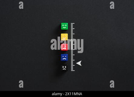 Füllstandsanzeige zur Messung der Kundenzufriedenheit. Geringe Kundenzufriedenheit und schlechte Bewertungen. Unglückliche Kunden. Stockfoto