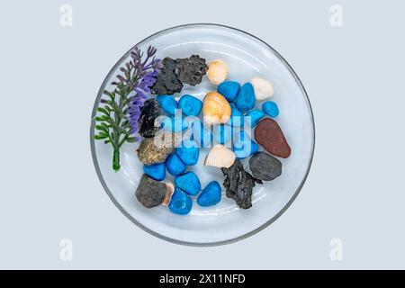 Eine Glasschale mit blauen und violetten Felsen und blauen Blumen. Stockfoto