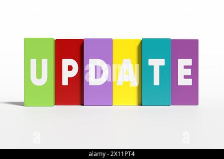 Das Wort Update auf bunten Holzblöcken auf weißem Hintergrund. Zeit für ein Software-Update. Ankündigung des Neuigkeiten-Updates. 3D-Rendering. Stockfoto