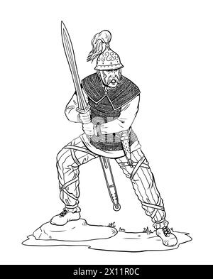 Gallic Warrior beim Angriff. Zeichnen mit römischen Feinden - Barbaren. Stockfoto