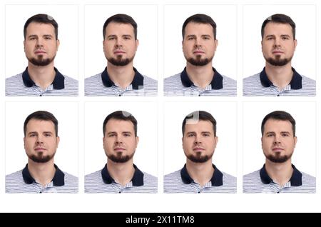Passfoto, Collage. Mann auf weißem Hintergrund, eine Reihe von Fotos Stockfoto
