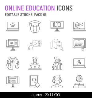 Online-Bildungslinien-Symbolsatz, E-Learning-Sammlung, Vektorgrafiken, Logoillustrationen, Vektorsymbole für Fernunterricht, Online-Lernschilder, Umrisssymbole, bearbeitbarer Strich Stock Vektor