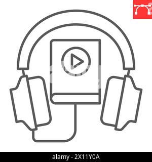 Audiobuch-Symbol, E-Learning und Online-Schulung, Kopfhörer und E-Book-Vektorsymbol, Vektorgrafiken, bearbeitbares Strichumrisszeichen, eps 10. Stock Vektor