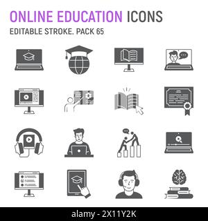 Symbolsatz für Online-Bildungswesen, E-Learning-Sammlung, Vektorgrafiken, Logoillustrationen, Vektorsymbole für Fernunterricht, Online-Lernschilder, durchgehende Piktogramme, bearbeitbarer Strich Stock Vektor