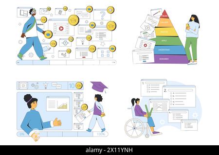 Konzepte für Online-Schulungen. Gamification Learning mit Multimedia. Inklusion in der Lehre. Vektorlinie Illustration Sammlung isoliert auf weiß Stock Vektor
