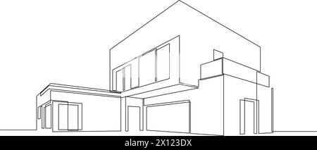 Modernes Flachdachhaus oder Geschäftsgebäude, kontinuierliche Linienzeichnung. Minimalistische schwarze einzeilige Skizze Vektor-Illustration Stock Vektor
