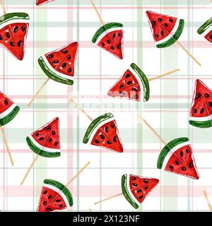 Karamell-Wassermelonenscheiben liegen auf kariertem Ornament. Süßigkeiten Lebensmittel Aquarell Illustration. Vertikaler, horizontaler Hintergrund mit Kreuzstreifen. Stockfoto