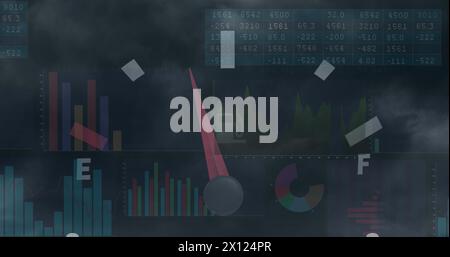 Tachometerbild und statistische Datenverarbeitung gegen dunkle Wolken am Himmel Stockfoto