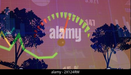 Bild des Tachometers und statistische Datenverarbeitung über der Silhouette von Bäumen vor dem Sonnenuntergangshimmel Stockfoto