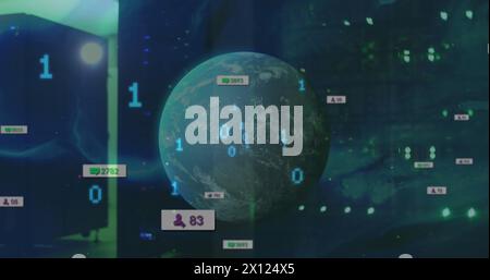 Bild von Social-Media-Symbolen und Binärcodierung gegen sich drehende Globus und Lichtfleck Stockfoto