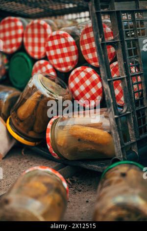 Abgelaufene selbstgemachte eingelegte Gurken im Glas weggeworfen, selektiver Fokus Stockfoto