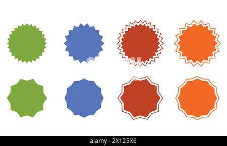 Satz von Vektorsternen, Symbole im Sonnenschein ohne Umriss und mit Umrissen, scharfen Ecken. Farbig auf weiß. Einfache flache Vintage-Etiketten, Aufkleber. Des Stock Vektor