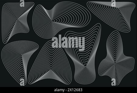 Satz ovaler perspektivischer Raster. Weiße Gitterformen mit Verzerrung und digitalem Ornament für Design und Webvektorpräsentation Stock Vektor