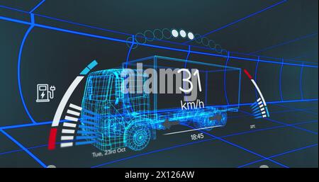 Bild des Tachometers über einem Elektrofahrzeug-Projekt auf marineblauem Hintergrund Stockfoto