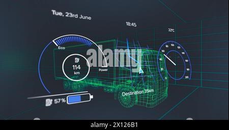 Bild des Tachometers über einem Elektrofahrzeug-Projekt auf marineblauem Hintergrund Stockfoto
