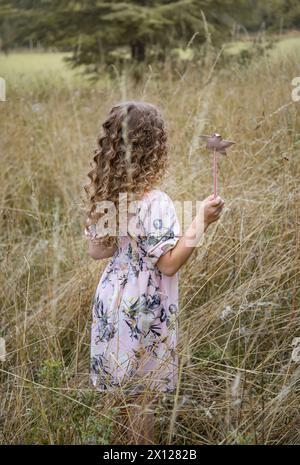 Lockiges Haar Mädchen in rosa Kleid, Blick in die Ferne Sommererntefeld braunes Grasfeld Stockfoto