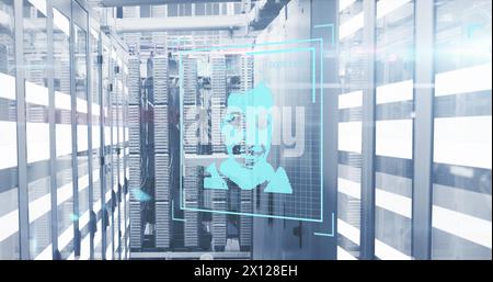 Abbildung mehrerer Profilsymbole und Datenverarbeitung gegen Lichtspuren im Serverraum Stockfoto