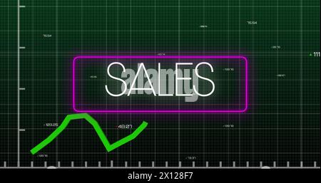 Ein digital generiertes Bild einer grünen Statistiklinie, die auf einer digitalen Anzeige zunimmt und abnimmt Stockfoto
