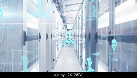 Abbildung mehrerer Profilsymbole und Datenverarbeitung gegen Lichtspuren im Serverraum Stockfoto