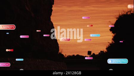 Bild von Social-Media-Ikonen über der Landschaft des Sonnenuntergangs Stockfoto