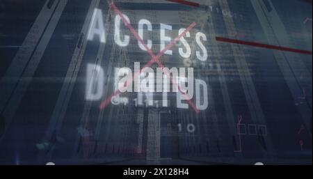 Abbildung: Texte mit verweigertem Zugriff, Binärcodes und Computersprache, tiefer Blick auf den Serverraum Stockfoto