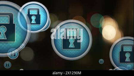 Abbildung mehrerer Vorhängeschloss-Symbole über verschwommenen Fahrzeugen, die sich im Hintergrund auf der Straße bewegen Stockfoto