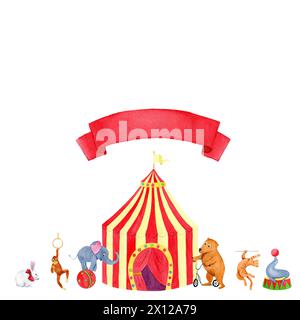 Horizontale Komposition Aquarell Zirkuszelt und Tiere: Elefant, Kaninchen, Bär, Katze, Affe und Robbe mit rotem Band auf weißem Hintergrund. Stockfoto
