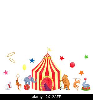 Horizontale Komposition Aquarell Zirkuszelt und Tiere: Elefant, Kaninchen, Bär, Katze, Affe und Robbe mit Ringen, Sterne auf weißem Hintergrund. Stockfoto