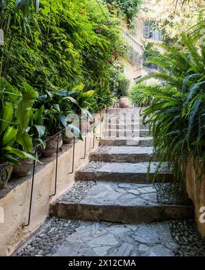 Gepflasterte Treppe und Eingang zum Mimi Calpe, französische Luxusvilla und Hotel aus den 1950er Jahren in Tanger, Marokko Stockfoto