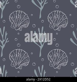 Meeresmuster mit Korallen und Muscheln, Luftblasen, Meereselementen auf grauem Hintergrund, elegant und stilvoll. Vektorabbildung Stock Vektor