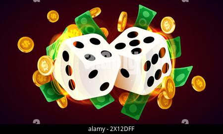 Zwei Würfel, umgeben von einem leuchtenden Rahmen und einer Münzexplosion. Glückssache. Casino-Konzept. Vektorgrafik Stock Vektor