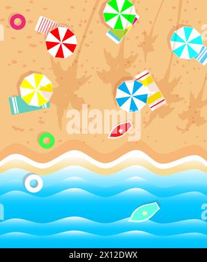 Sommerurlaub Freizeit. Tropisches Strandresort mit Sonnenschirmen und Handtüchern auf dem Sand, Surfbrettern und Tuben. Vektorabbildung flach. Stock Vektor