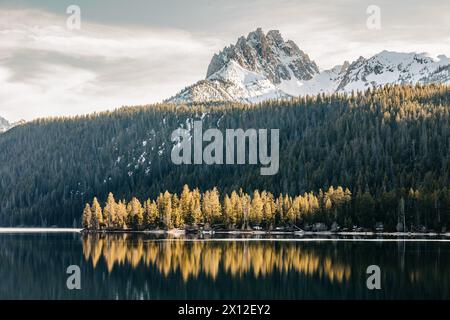 Hinterleuchtete Waldbäume spiegeln sich im See mit den Sawtooth Mountains Stockfoto