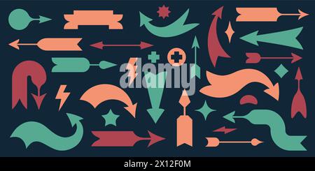 Retro-Pfeilbanner. Schwarze Vintage-Zeigerrahmen mit verschiedenen Richtungsschildern, einfache Navigationssymbole für Webdesign. Vektorsammlung Stock Vektor