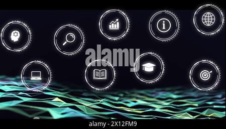 Bild fallender Bildungssymbole über Netzwerk von Verbindungen auf dunklem Hintergrund Stockfoto