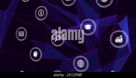 Bild fallender Bildungssymbole über Netzwerk von Verbindungen auf dunklem Hintergrund Stockfoto
