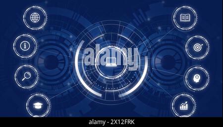 Bild fallender Bildungs-Symbole über Scan-Scoping auf dunklem Hintergrund Stockfoto