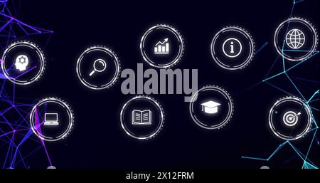 Bild fallender Bildungssymbole über Netzwerk von Verbindungen auf dunklem Hintergrund Stockfoto