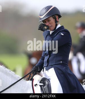 Burnham Market, Großbritannien. April 2024. Zara Tindall nimmt heute an den Barefoot Retreats Burnham Market International Horse Trials Teil und reitet mit Classicals Euro Star in der Dressurdisziplin der dreitägigen Veranstaltung in Norfolk. Quelle: Paul Marriott/Alamy Live News Stockfoto