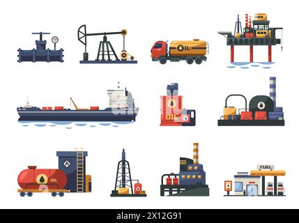 Ölraffinerien. Cartoon-Ölraffinerie mit Ölfässern und Pipeline, Tankwagen und Tankschiff, Ölförderkonzept. Vektor Stock Vektor